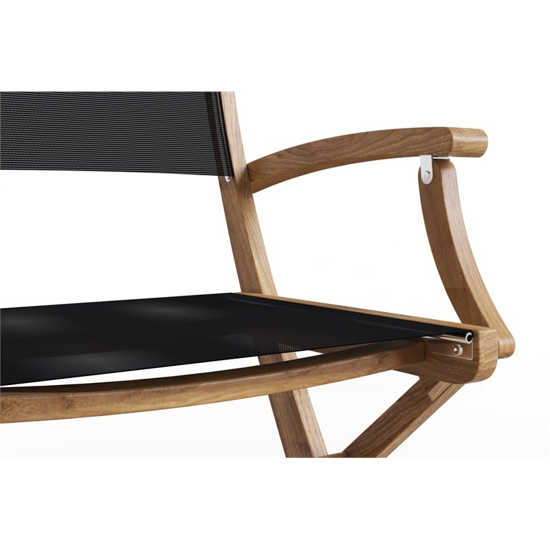 Pemberly Row Modern Teak Outdoor Folding Armchair in Black Dura-Sling Fabric
