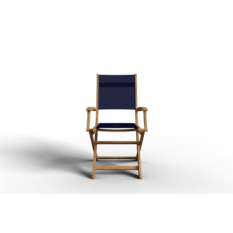 Pemberly Row Modern Teak Outdoor Folding Armchair in Blue Dura-Sling Fabric