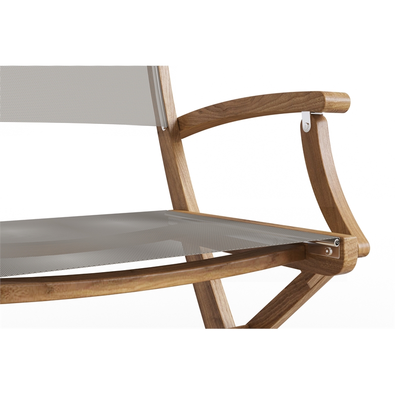 Pemberly Row Modern Teak Outdoor Folding Armchair in Taupe Dura-Sling Fabric