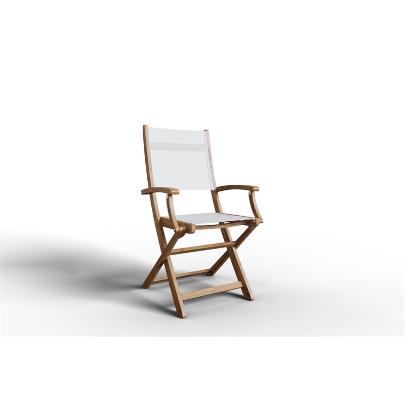 Pemberly Row Modern Teak Outdoor Folding Armchair in White Dura-Sling Fabric