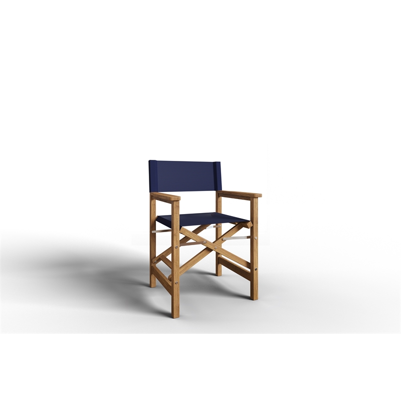 Pemberly Row Modern Teak Outdoor Folding Armchair in Blue Dura-Sling Fabric