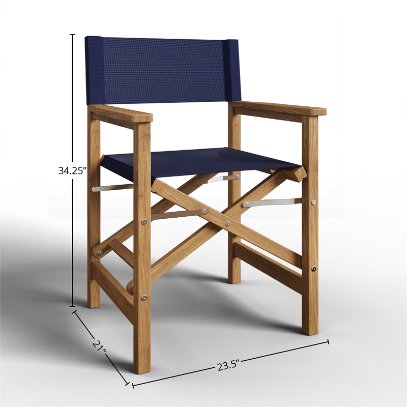 Pemberly Row Modern Teak Outdoor Folding Armchair in Blue Dura-Sling Fabric