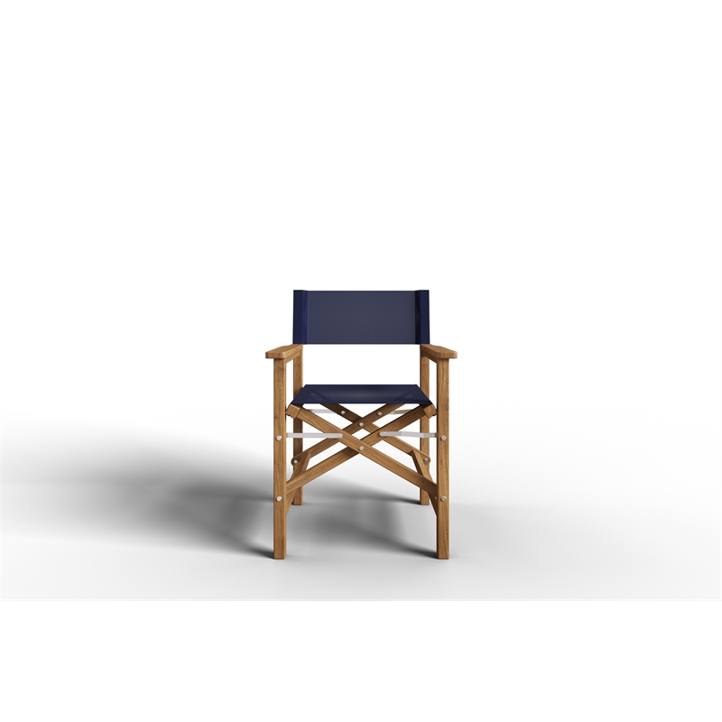 Pemberly Row Modern Teak Outdoor Folding Armchair in Blue Dura-Sling Fabric