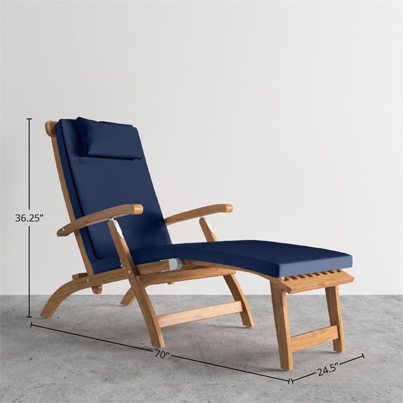 Pemberly Row Modern Teak Folding Outdoor Deck Chair Lounge with Navy Cushions