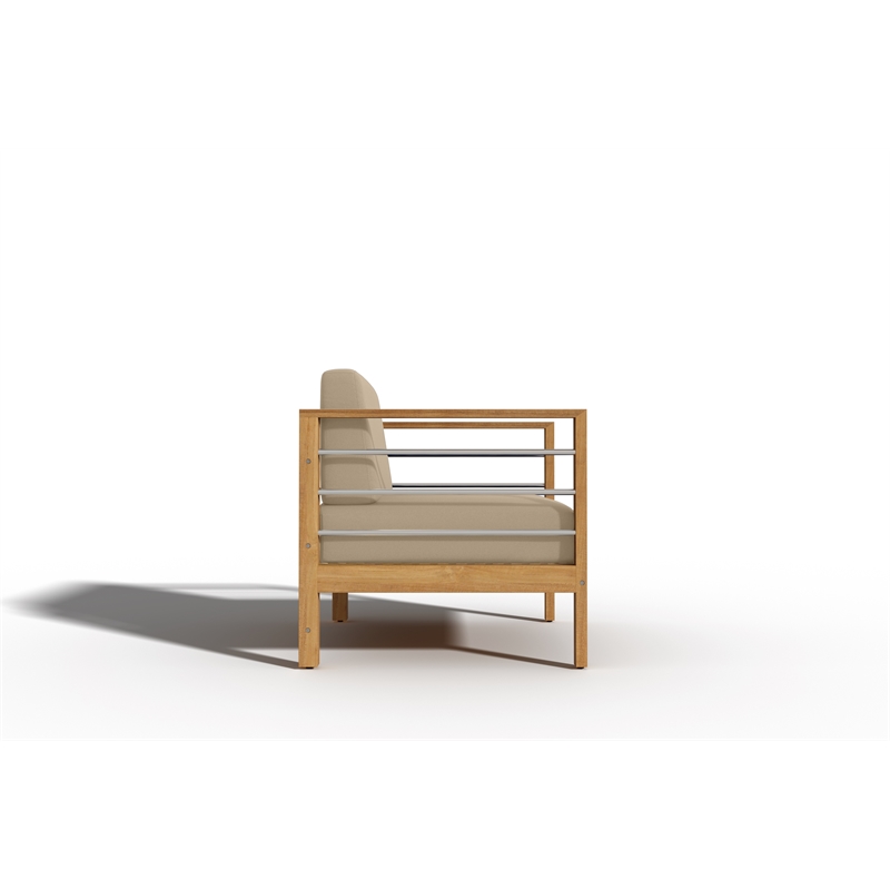 Pemberly Row Modern Teak Outdoor Club Chair with Fawn Cushion in Tan