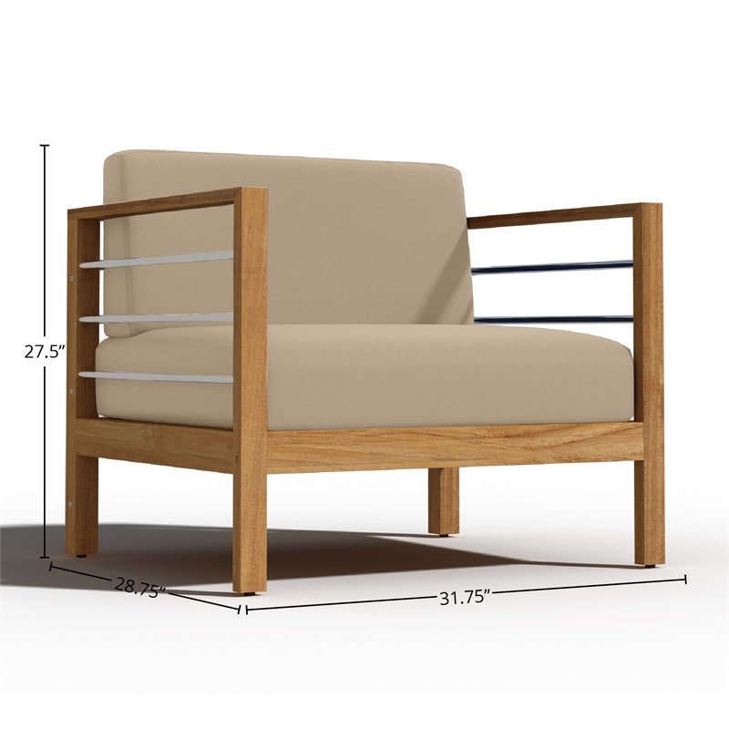 Pemberly Row Modern Teak Outdoor Club Chair with Fawn Cushion in Tan