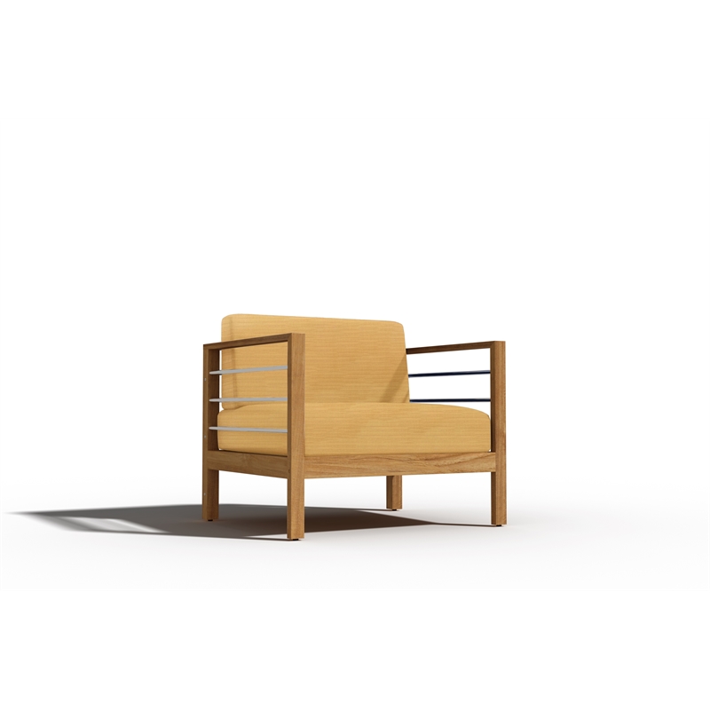Pemberly Row Modern Teak Outdoor Club Chair with Dupione Cornsilk in Yellow