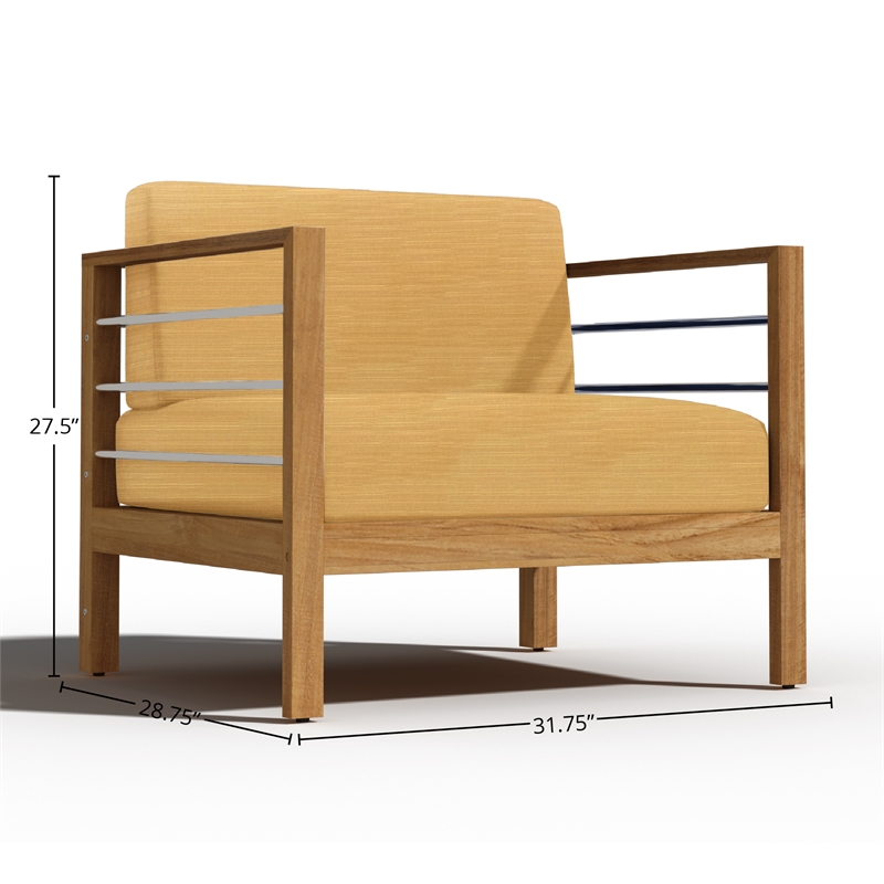 Pemberly Row Modern Teak Outdoor Club Chair with Dupione Cornsilk in Yellow