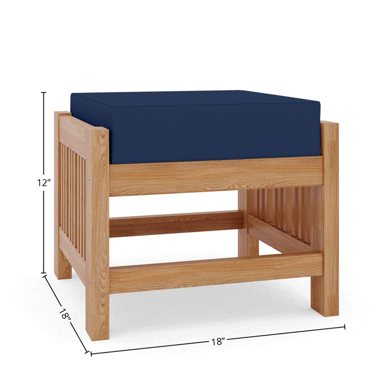 Pemberly Row Contemporary Teak Outdoor Ottoman with Navy Cushions