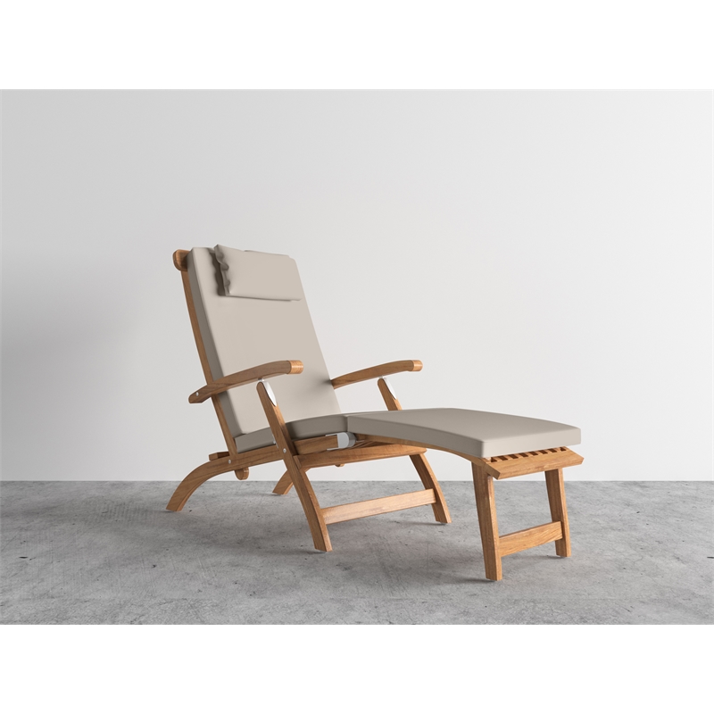 Pemberly Row Modern Teak Folding Outdoor Deck Chair Lounge with Beige Cushions