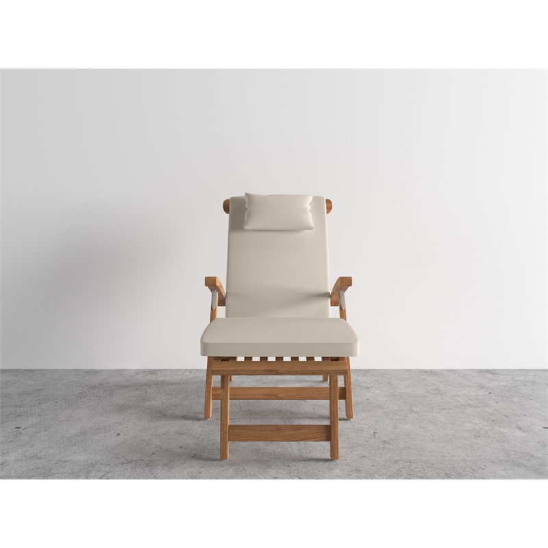 Pemberly Row Modern Teak Folding Outdoor Deck Chair Lounge with Beige Cushions
