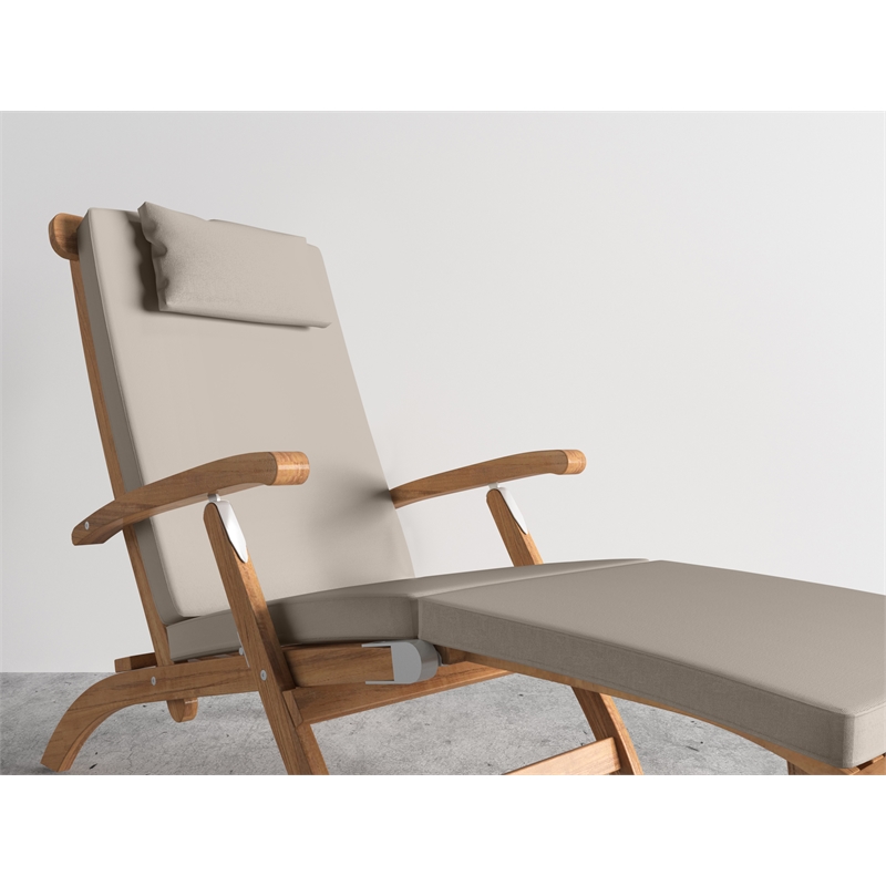 Pemberly Row Modern Teak Folding Outdoor Deck Chair Lounge with Beige Cushions