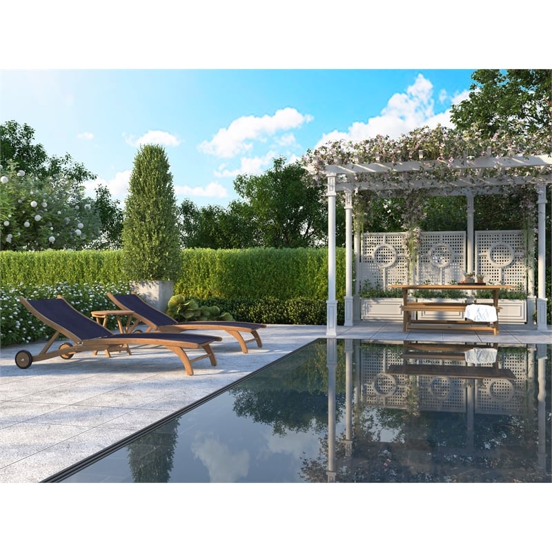 Pemberly Row Modern Teak Outdoor Reclining Chaise Lounger in Blue with Wheels