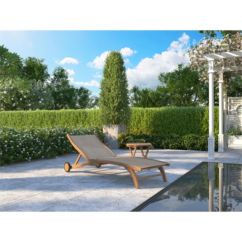 Pemberly Row Modern Teak Outdoor Reclining Chaise Lounger in Taupe with Wheels