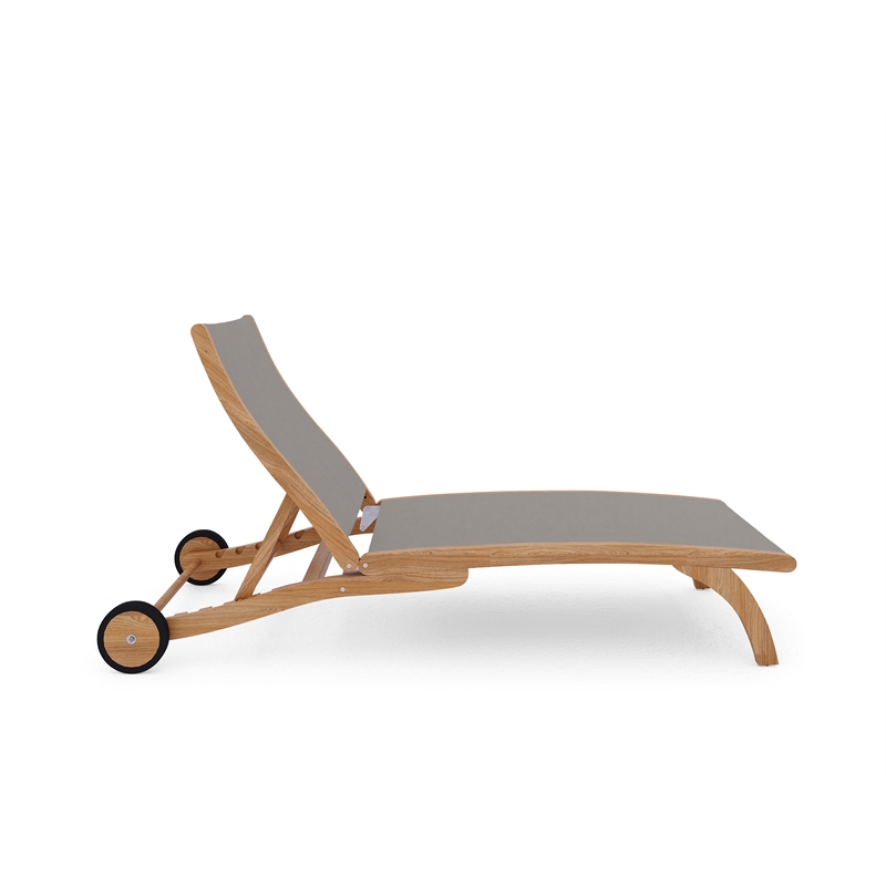 Pemberly Row Modern Teak Outdoor Reclining Chaise Lounger in Taupe with Wheels