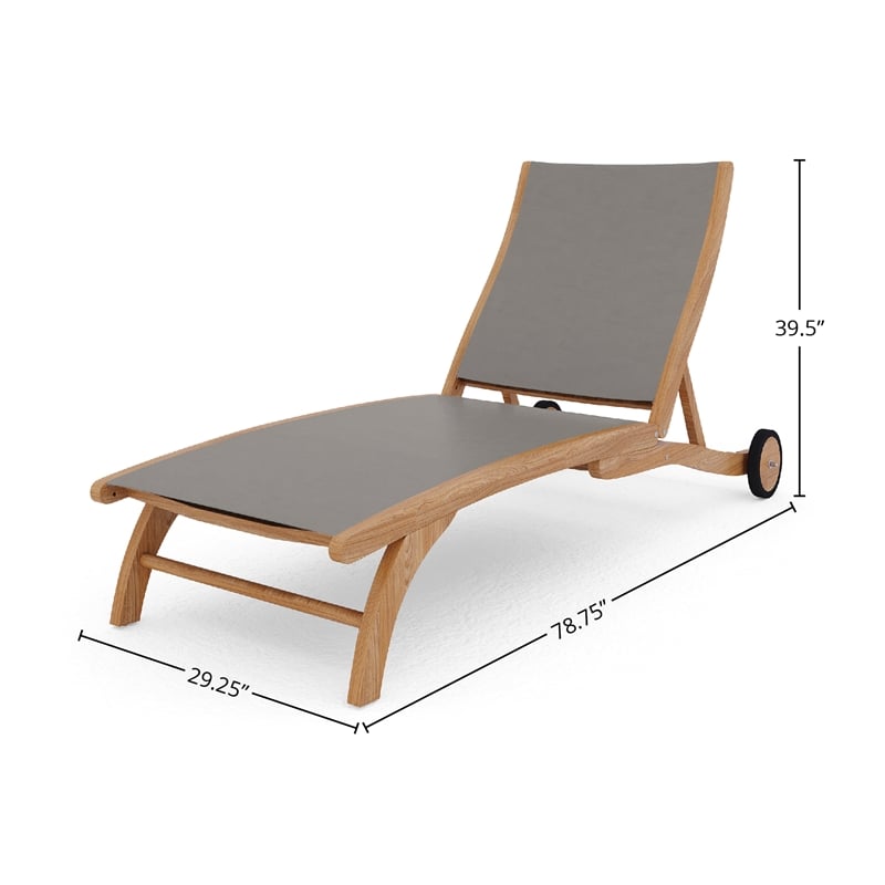 Pemberly Row Modern Teak Outdoor Reclining Chaise Lounger in Taupe with Wheels