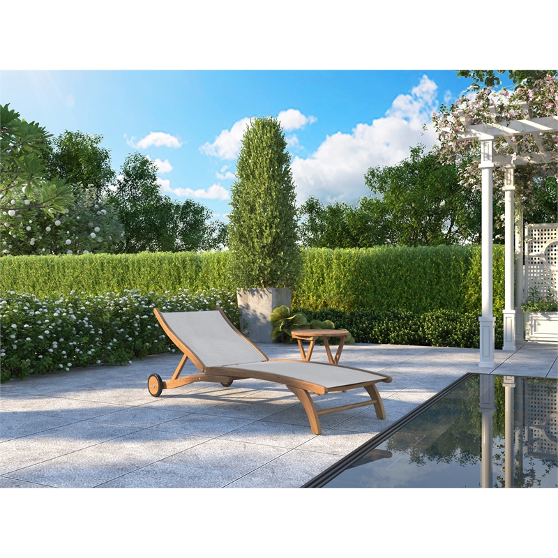 Pemberly Row Modern Teak Outdoor Reclining Chaise Lounger in White with Wheels