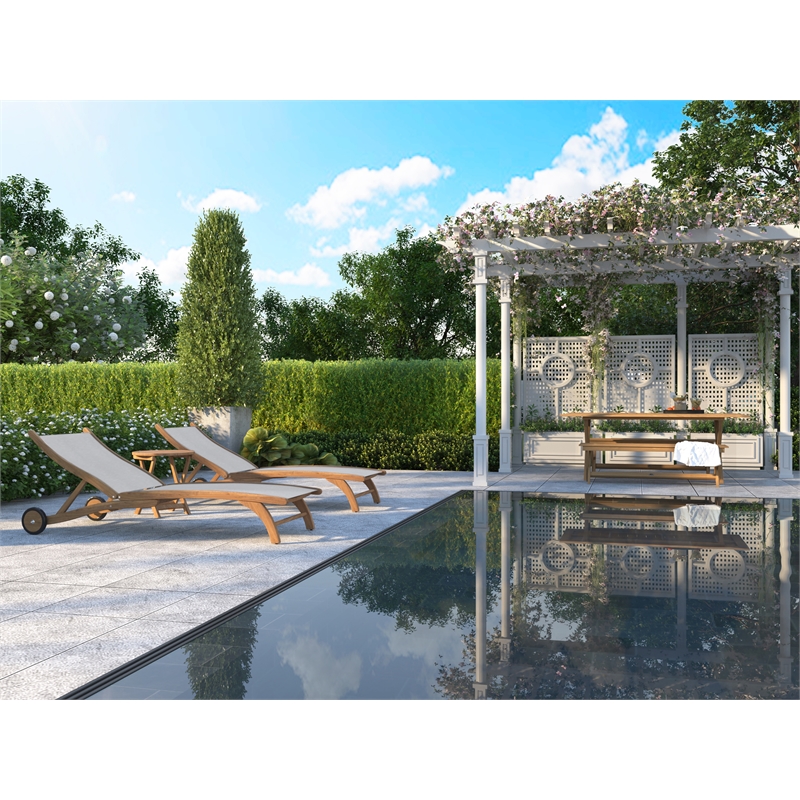 Pemberly Row Modern Teak Outdoor Reclining Chaise Lounger in White with Wheels
