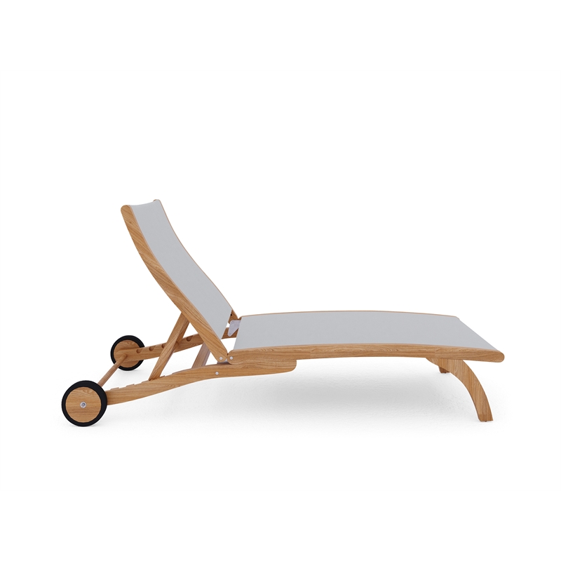 Pemberly Row Modern Teak Outdoor Reclining Chaise Lounger in White with Wheels
