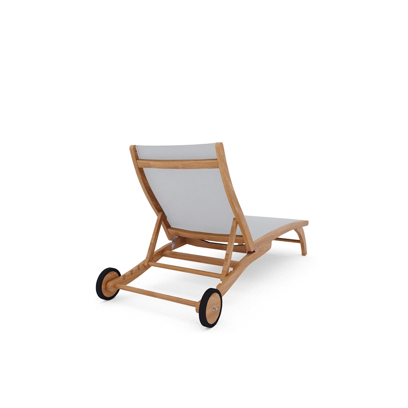 Pemberly Row Modern Teak Outdoor Reclining Chaise Lounger in White with Wheels