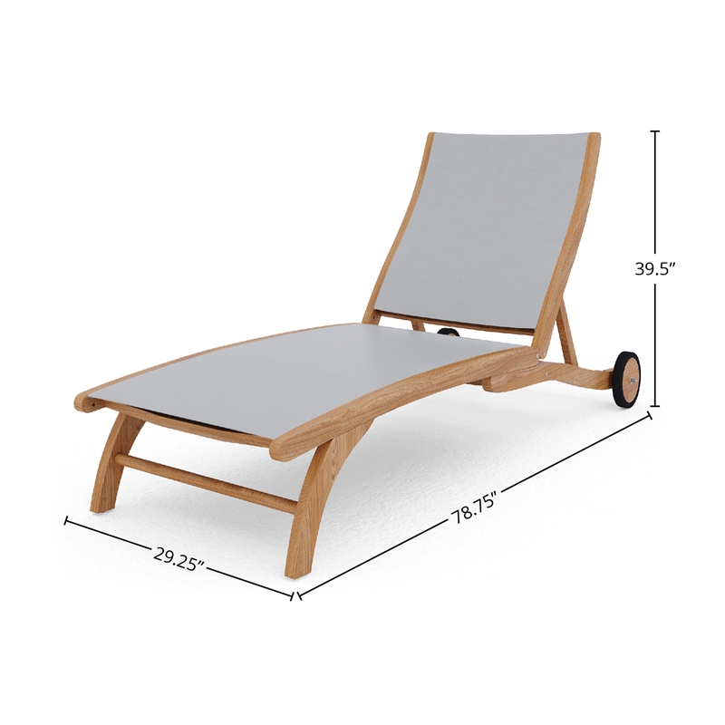 Pemberly Row Modern Teak Outdoor Reclining Chaise Lounger in White with Wheels