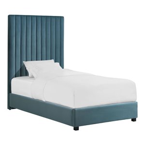 Pemberly Row Transitional 67.3&quotH Velvet Upholstered Twin Bed in Sea Blue