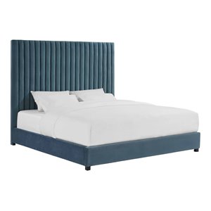 Pemberly Row 67.3&quotH Velvet Upholstered Queen Bed in Sea Blue