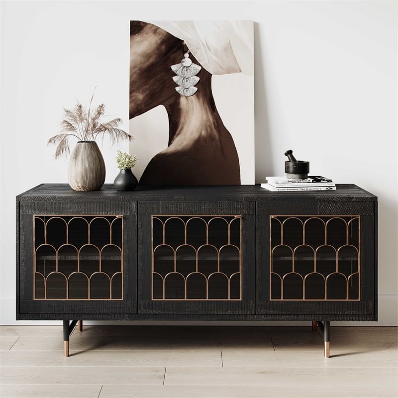 Pemberly Row Transitional Acacia Wood Buffet in Black/Antique Brass