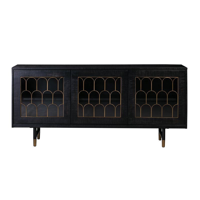 Pemberly Row Transitional Acacia Wood Buffet in Black/Antique Brass