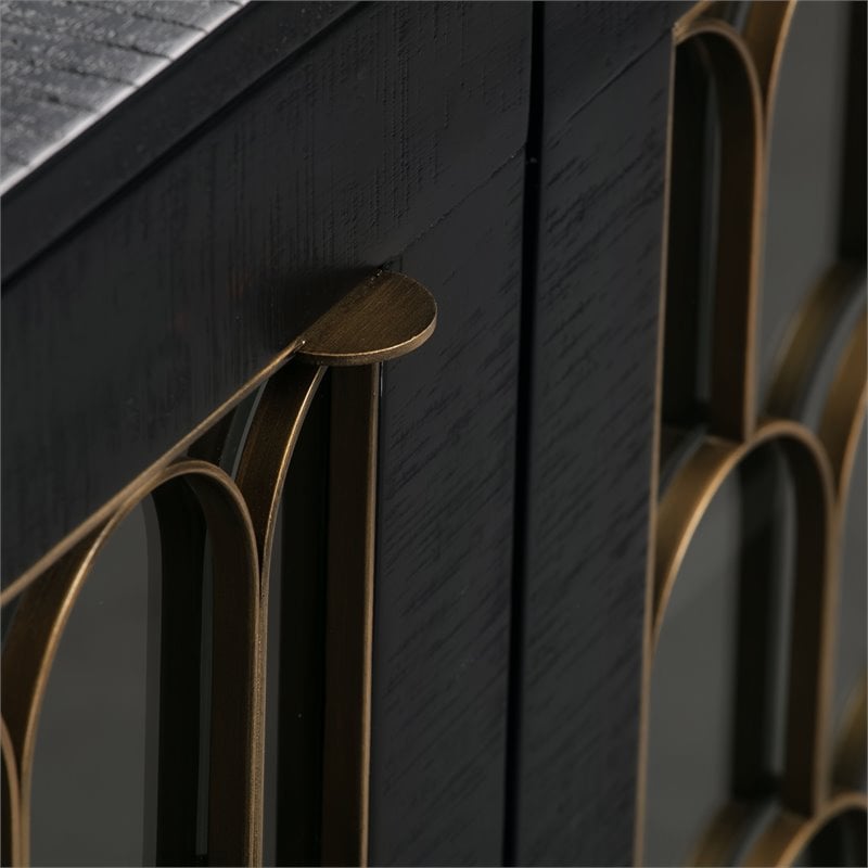 Pemberly Row Transitional Acacia Wood Buffet in Black/Antique Brass