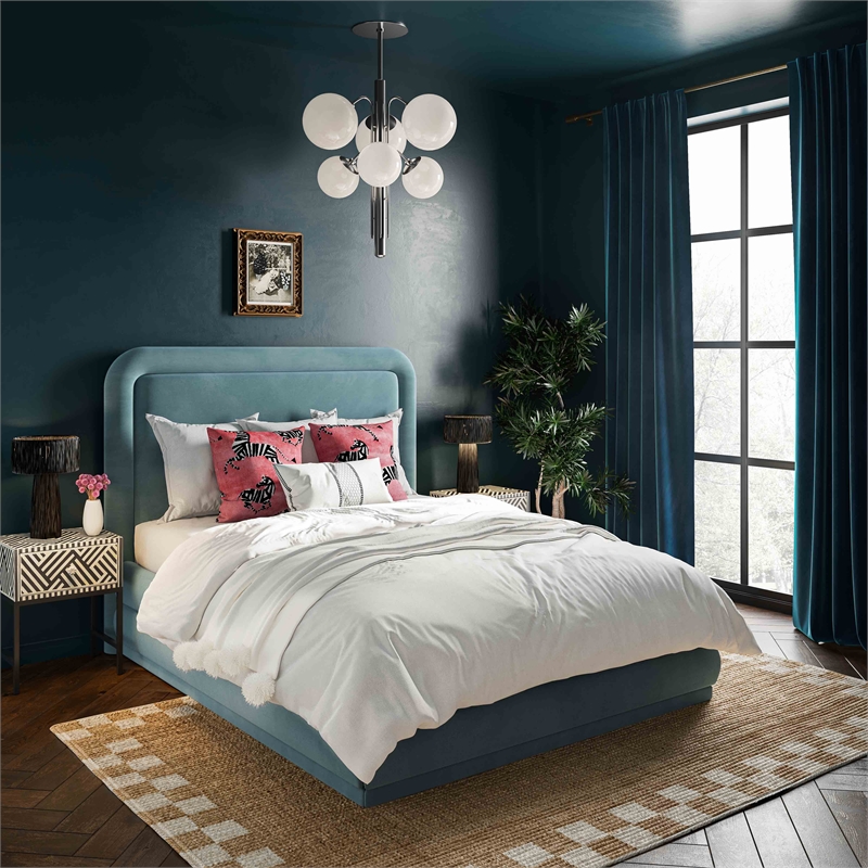 Pemberly Row Transitional Accent Bluestone Velvet Bed in Queen