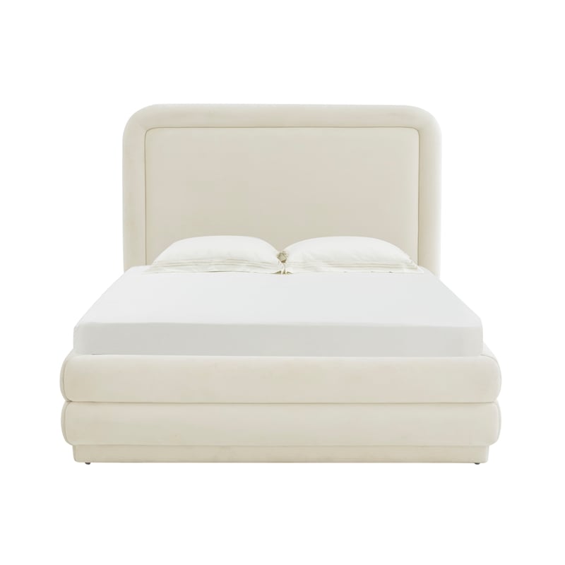 Pemberly Row Transitional Cream Velvet Upholstered Bed in Queen