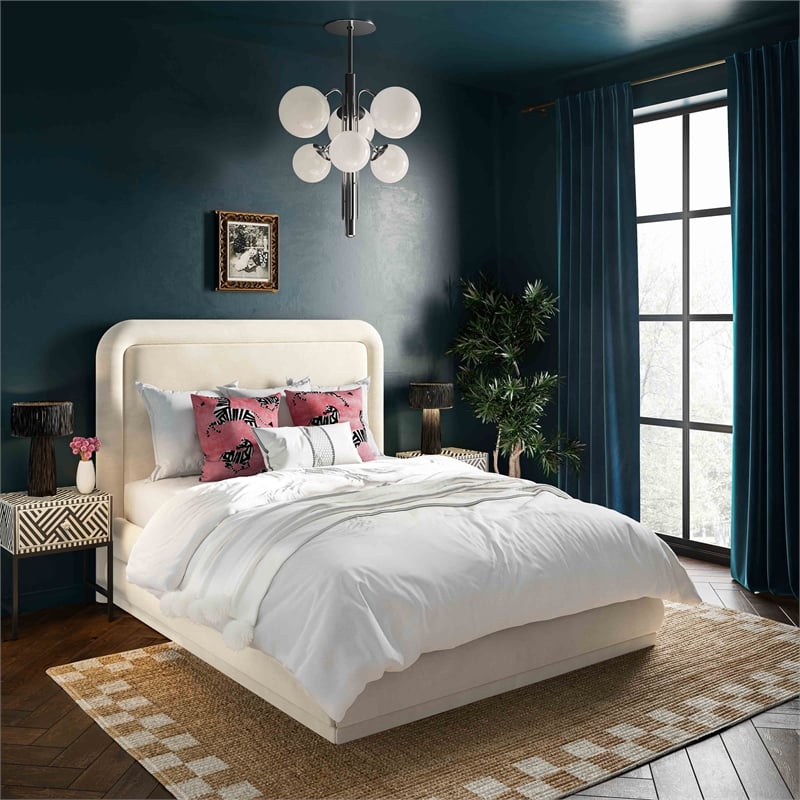 Pemberly Row Transitional Cream Velvet Upholstered Bed in Queen