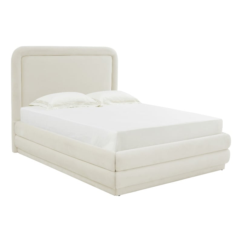 Pemberly Row Transitional Cream Velvet Upholstered Bed in Queen