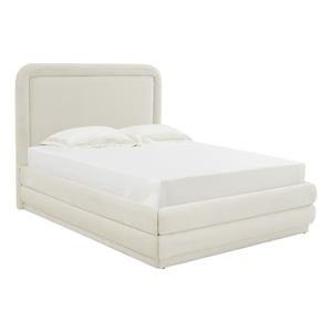 Pemberly Row Transitional Cream Velvet Upholstered Bed in Queen