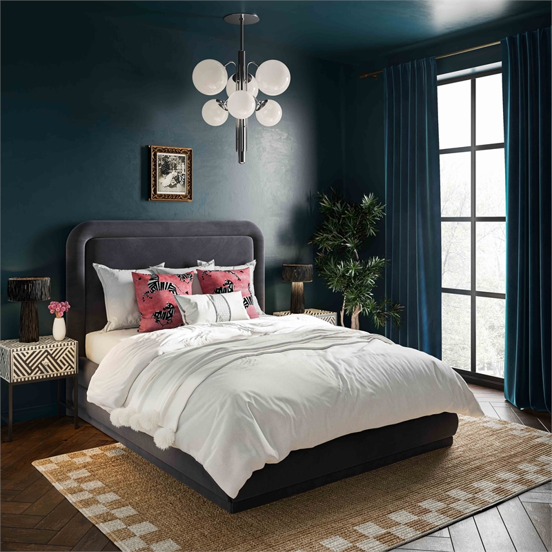 Pemberly Row Transitional Dark Gray Velvet Upholstered Bed in Full