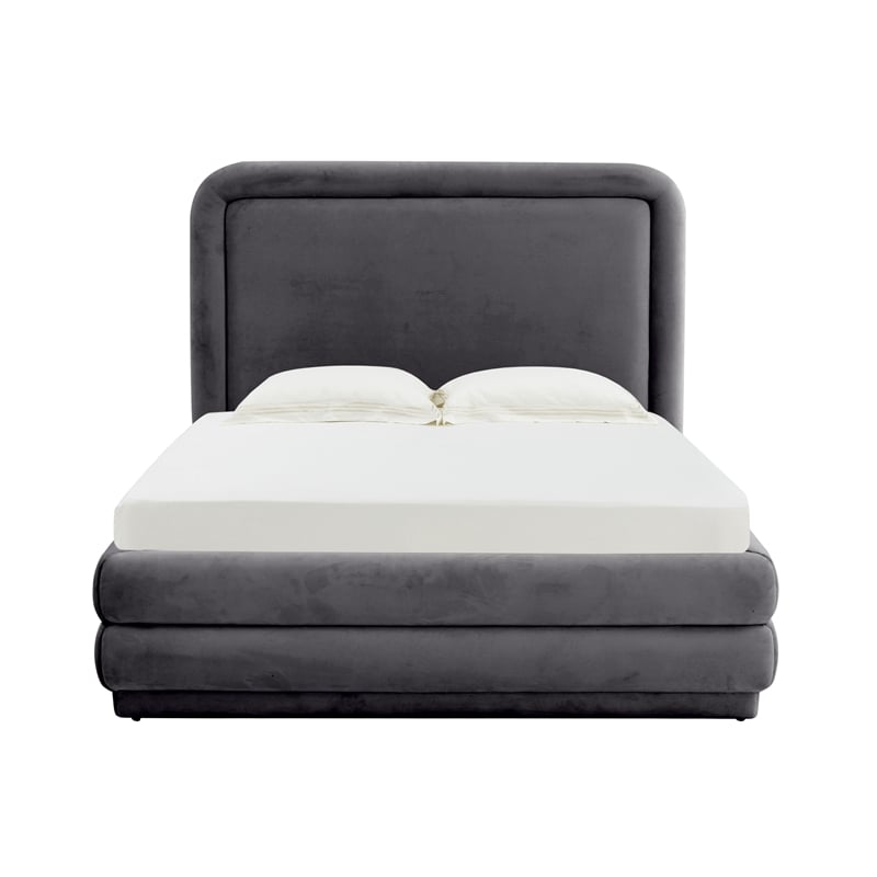 Pemberly Row Transitional Dark Gray Velvet Upholstered Bed in Queen