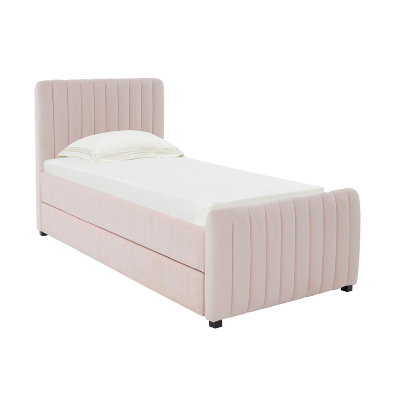 Pemberly Row Transitional Blush Velvet Trundle Bed in Twin Size