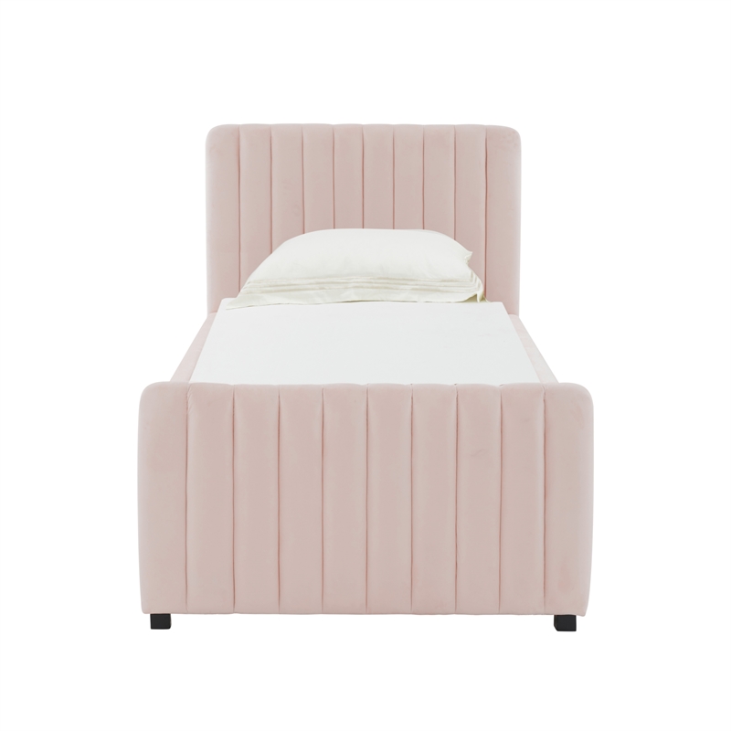 Pemberly Row Transitional Blush Velvet Trundle Bed in Twin Size
