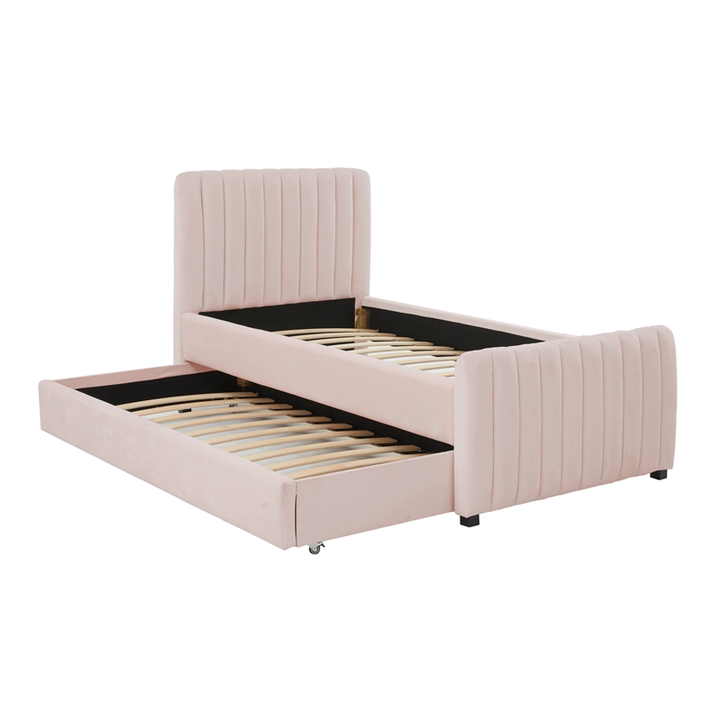Pemberly Row Transitional Blush Velvet Trundle Bed in Twin Size