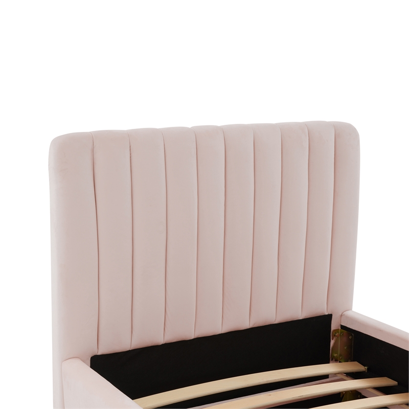 Pemberly Row Transitional Blush Velvet Trundle Bed in Twin Size