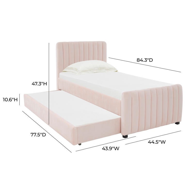 Pemberly Row Transitional Blush Velvet Trundle Bed in Twin Size