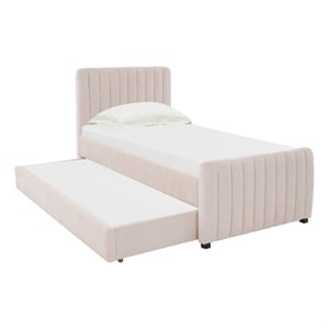 Pemberly Row Transitional Blush Velvet Trundle Bed in Twin Size