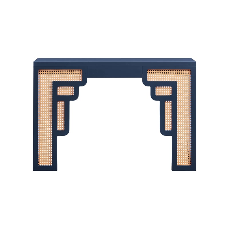 Pemberly Row Transitional Accent Navy & Rattan Console Table