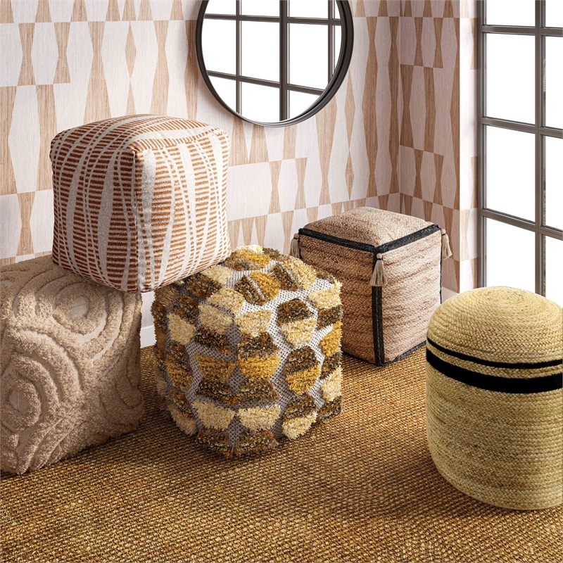 Pemberly Row Handmade Transitional Accent Beige Knitted Accent Pouf