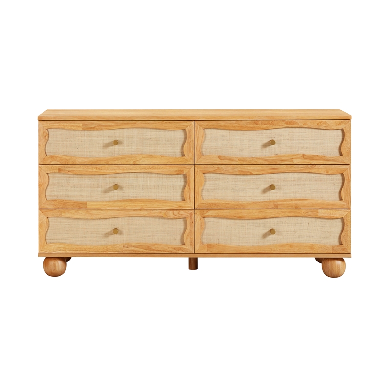 Pemberly Row Contemporary Natural Wood & Rattan Wavy Dresser