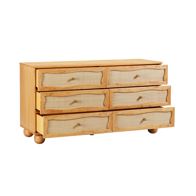 Pemberly Row Contemporary Natural Wood & Rattan Wavy Dresser