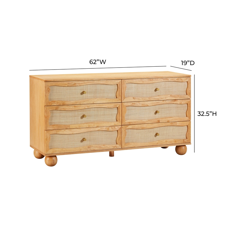 Pemberly Row Contemporary Natural Wood & Rattan Wavy Dresser