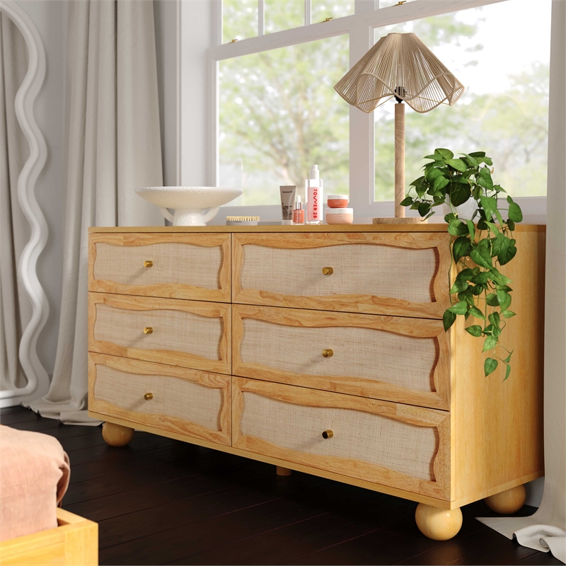 Pemberly Row Contemporary Natural Wood & Rattan Wavy Dresser