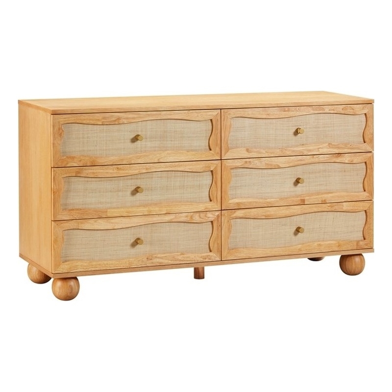 Pemberly Row Contemporary Natural Wood & Rattan Wavy Dresser